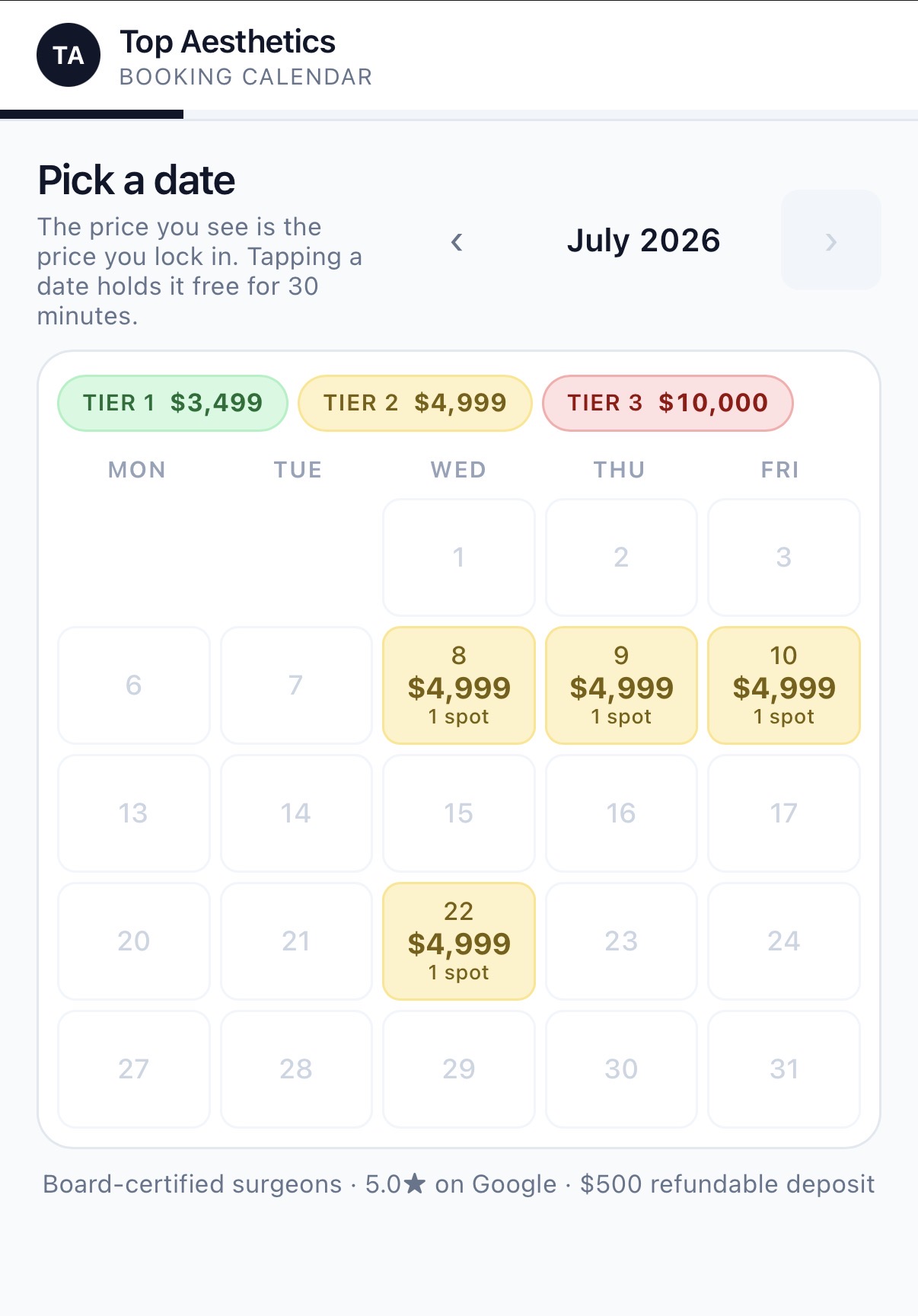Top Aesthetics booking calendar showing available dates with transparent tier pricing