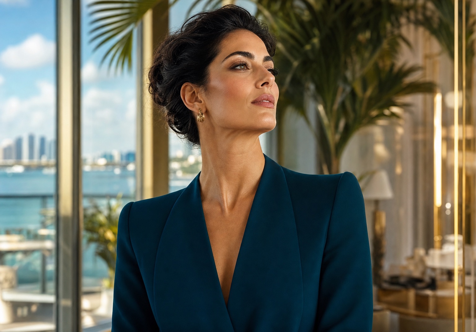 Woman with a sculpted, defined jawline and neck profile